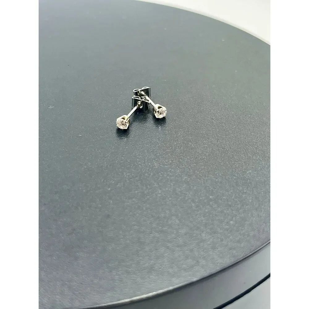 Vintage Studex 585 14k White Gold Clear Cubic‎ Zirconia 3mm Stud Earrings